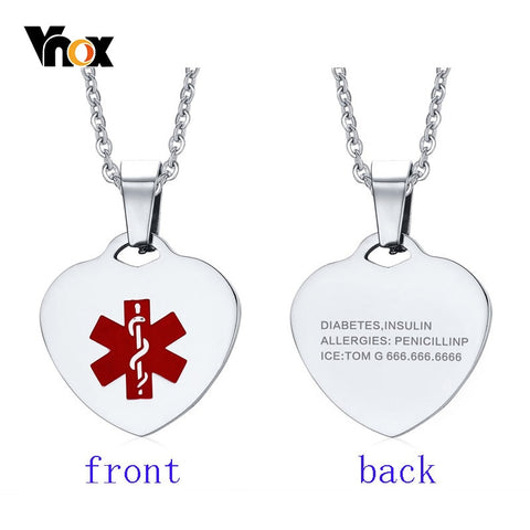 Custom Engrave Heart Shape Medical Alert ID Pendant 20 Inches Chain