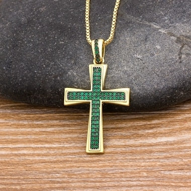 Hot Sale Cross Pendant Gold Chain Necklace Copper Cubic Zircon Choker 4 Colors Choice Religion Jewelry Gifts