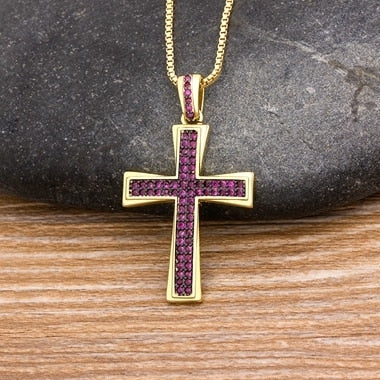 Hot Sale Cross Pendant Gold Chain Necklace Copper Cubic Zircon Choker 4 Colors Choice Religion Jewelry Gifts