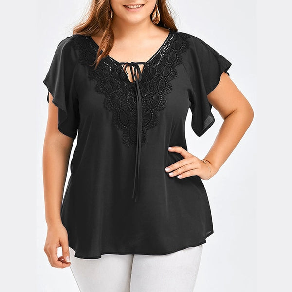 Plus Size Lace Patchwork Short Sleeve Blouse