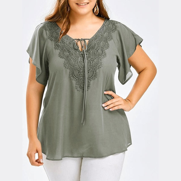 Plus Size Lace Patchwork Short Sleeve Blouse