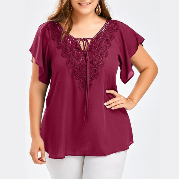 Plus Size Lace Patchwork Short Sleeve Blouse