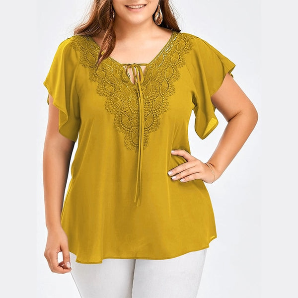 Plus Size Lace Patchwork Short Sleeve Blouse