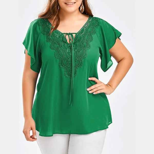 Plus Size Lace Patchwork Short Sleeve Blouse