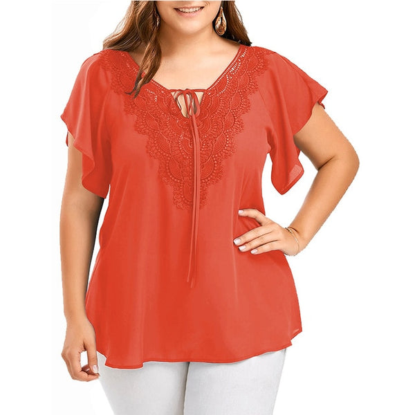 Plus Size Lace Patchwork Short Sleeve Blouse