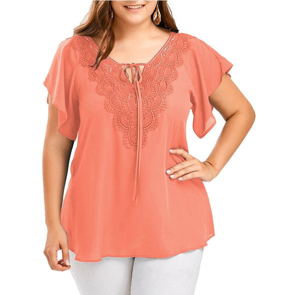 Plus Size Lace Patchwork Short Sleeve Blouse