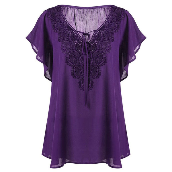 Plus Size Lace Patchwork Short Sleeve Blouse