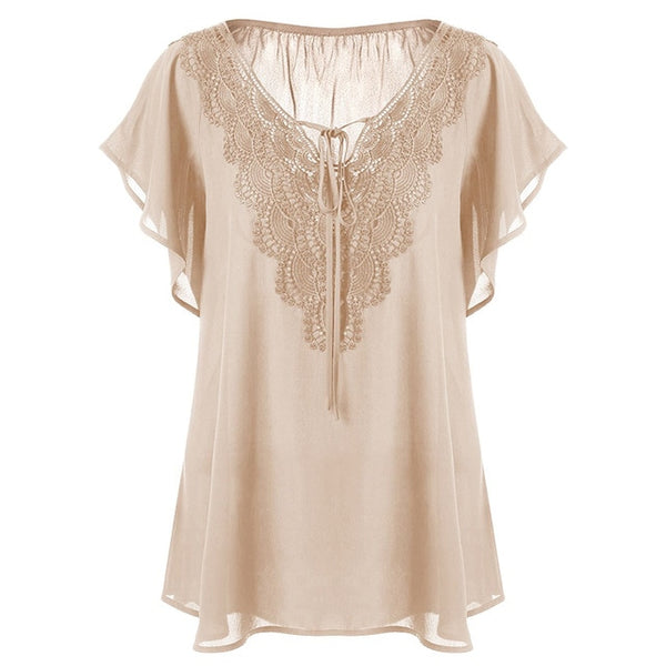 Plus Size Lace Patchwork Short Sleeve Blouse